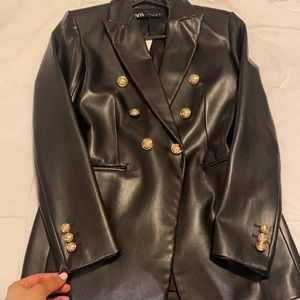 ZARA FAUX LEATHER BLAZER WITH GOLD BUTTONS